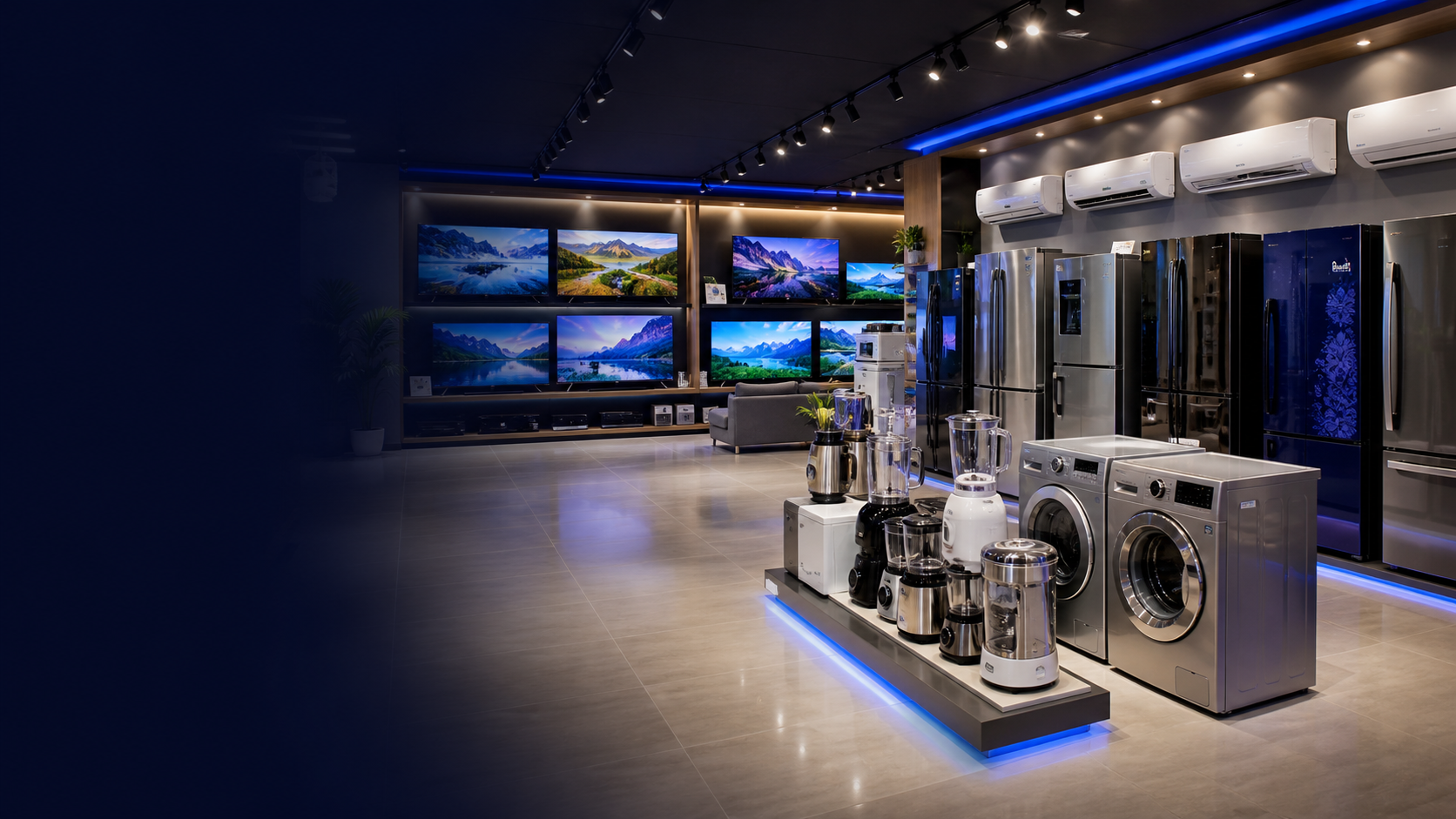 Modern electronics showroom with televisions, ACs and appliances